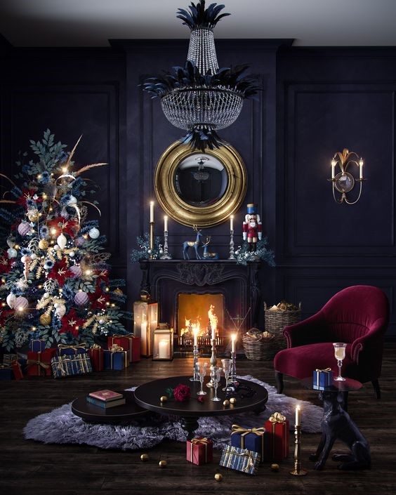 dark masculine Christmas decorating idea for living room