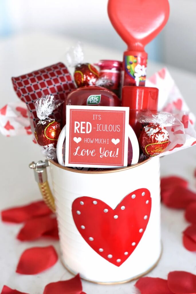 Red-themed Valentine's Day gift basket in a can