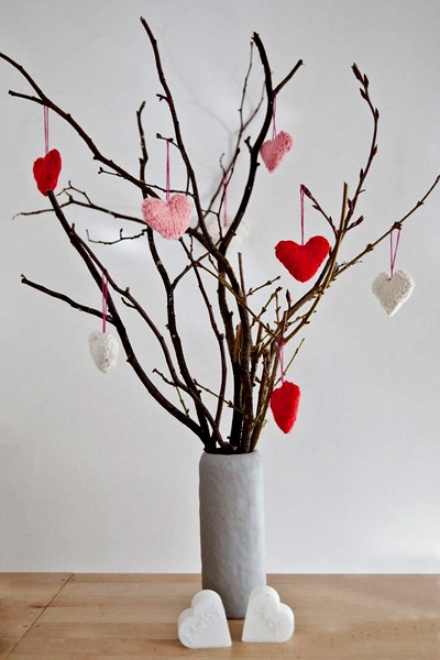 Winter Branches with Plaid Heart Ornaments